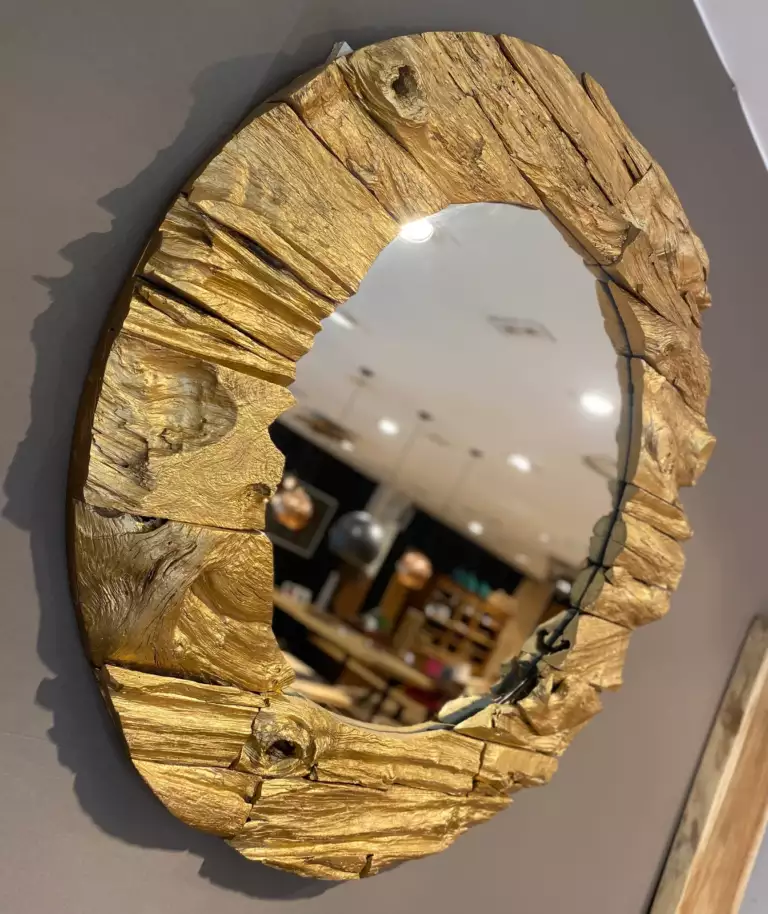 miroir rond doré en bois de teck massif – Mazawood