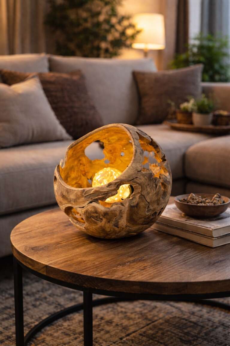 lampe boule en bois