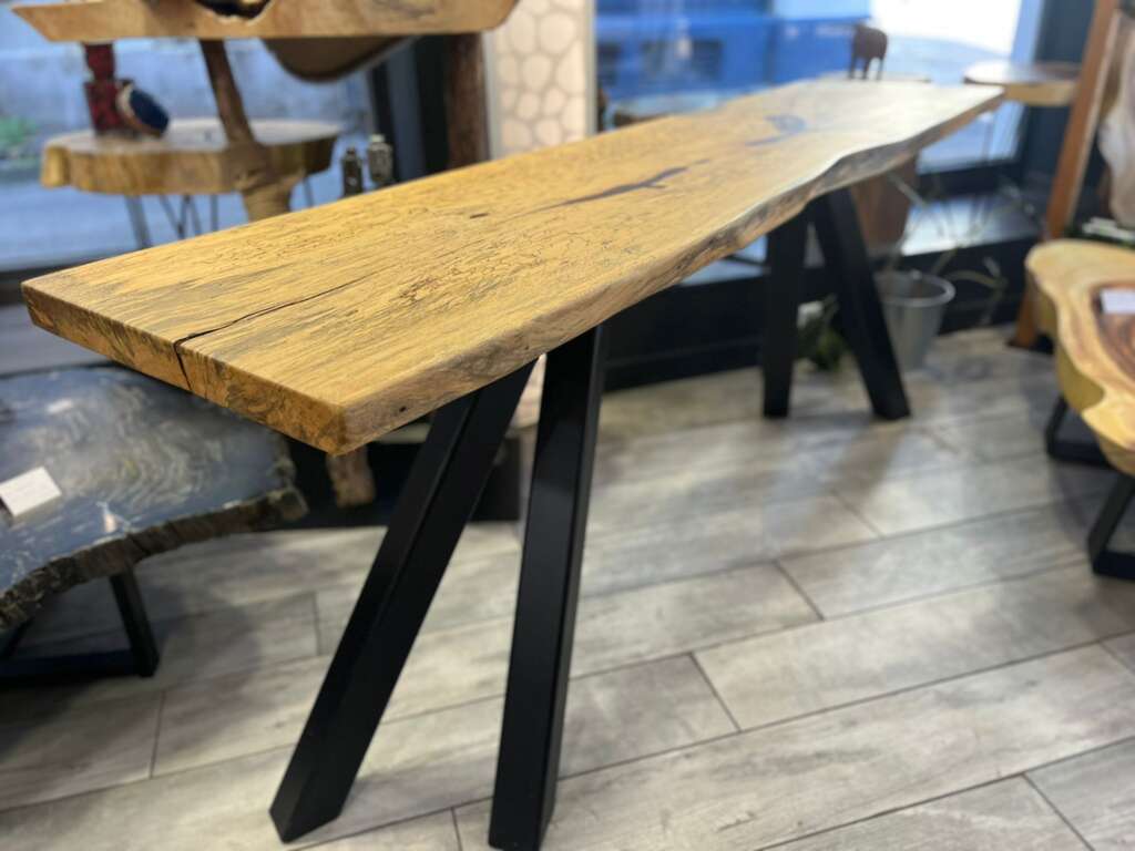 Console en palissandre des Indes avec piétement en acier diagonal noir