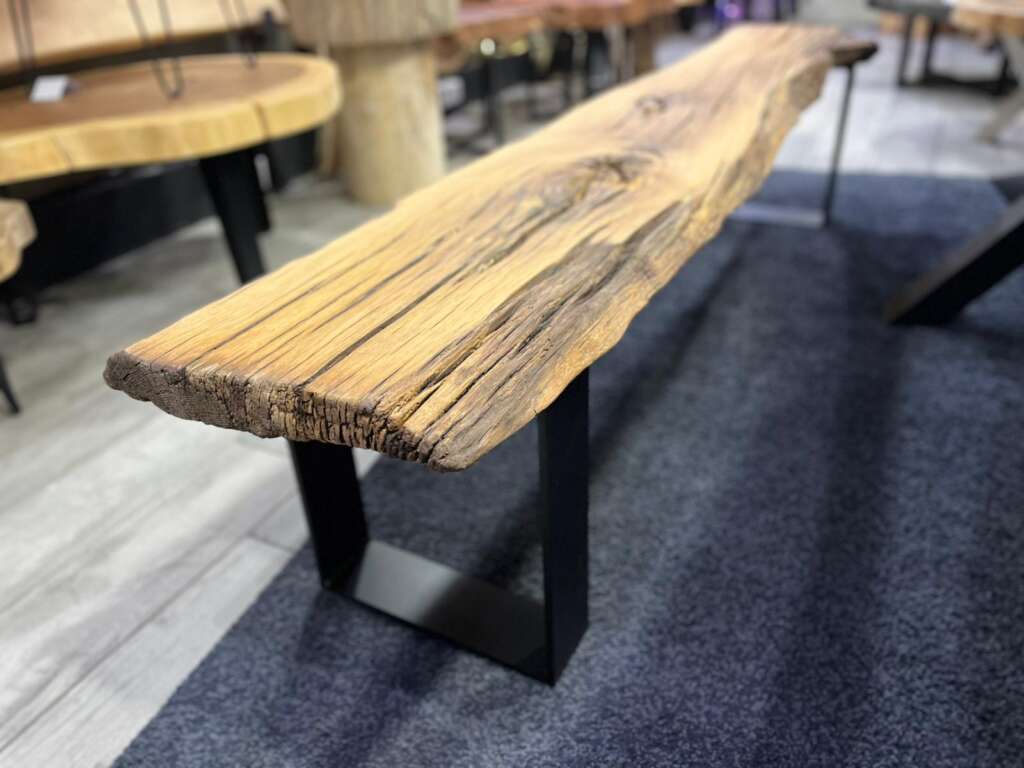 Banc en chêne massif avec piétement en acier noir, 200x40 cm