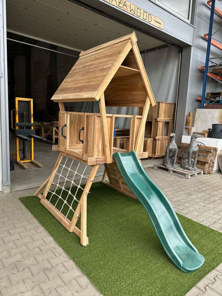 Aire de jeux en teck massif avec toboggan rouge, dimensions 280x170x272 cm