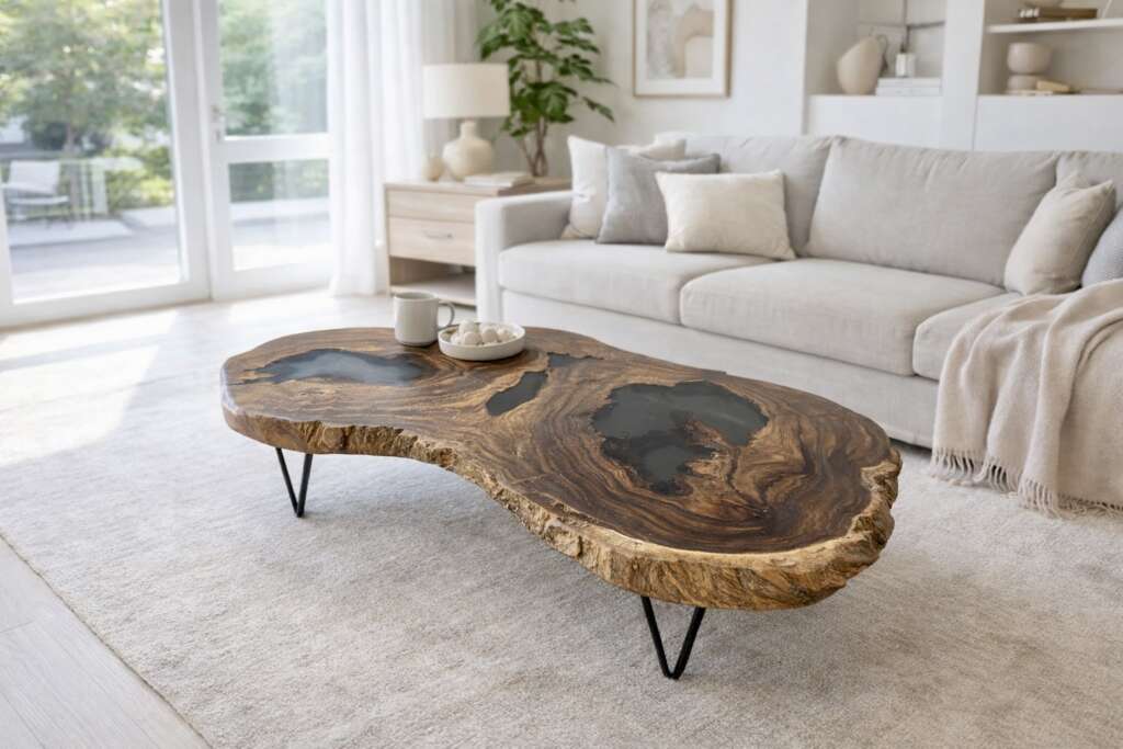 Table basse en suar avec résine époxy noire effet fumé A35