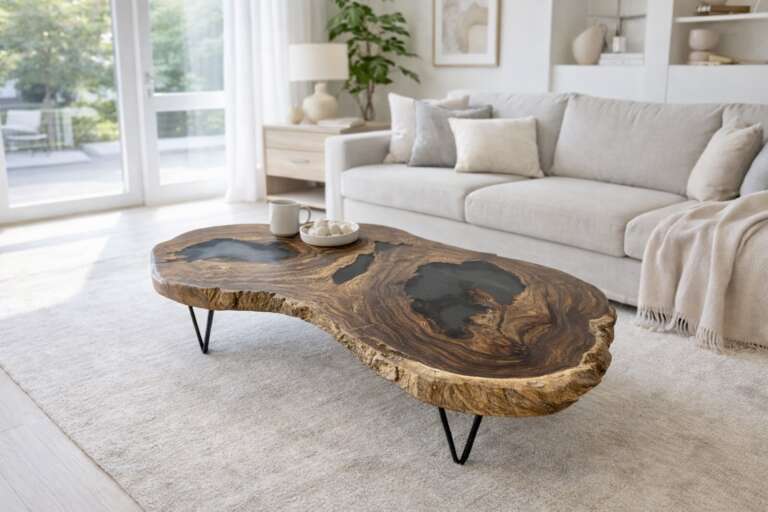 Table basse en suar avec résine époxy noire effet fumé A35