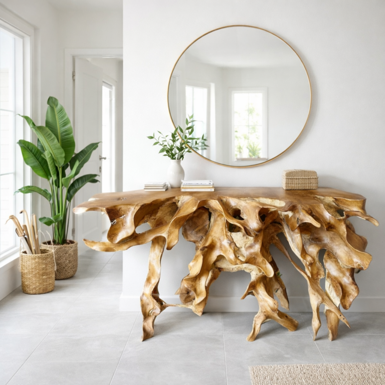 console b4 en teck massif, design racine teck naturelle