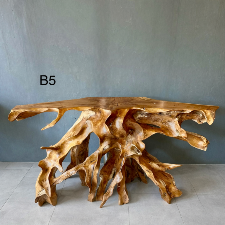 console b5 en teck massif, sculpture naturelle en racine de teck