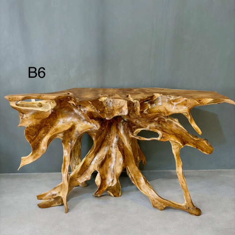 console b6 en teck massif, Élément sculptural en racine naturelle