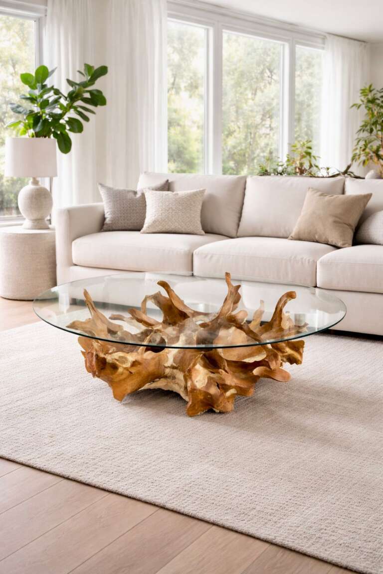 table basse en racine de teck massif & plateau verre