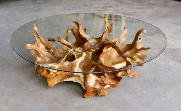 table basse en racine de teck massif & plateau verre